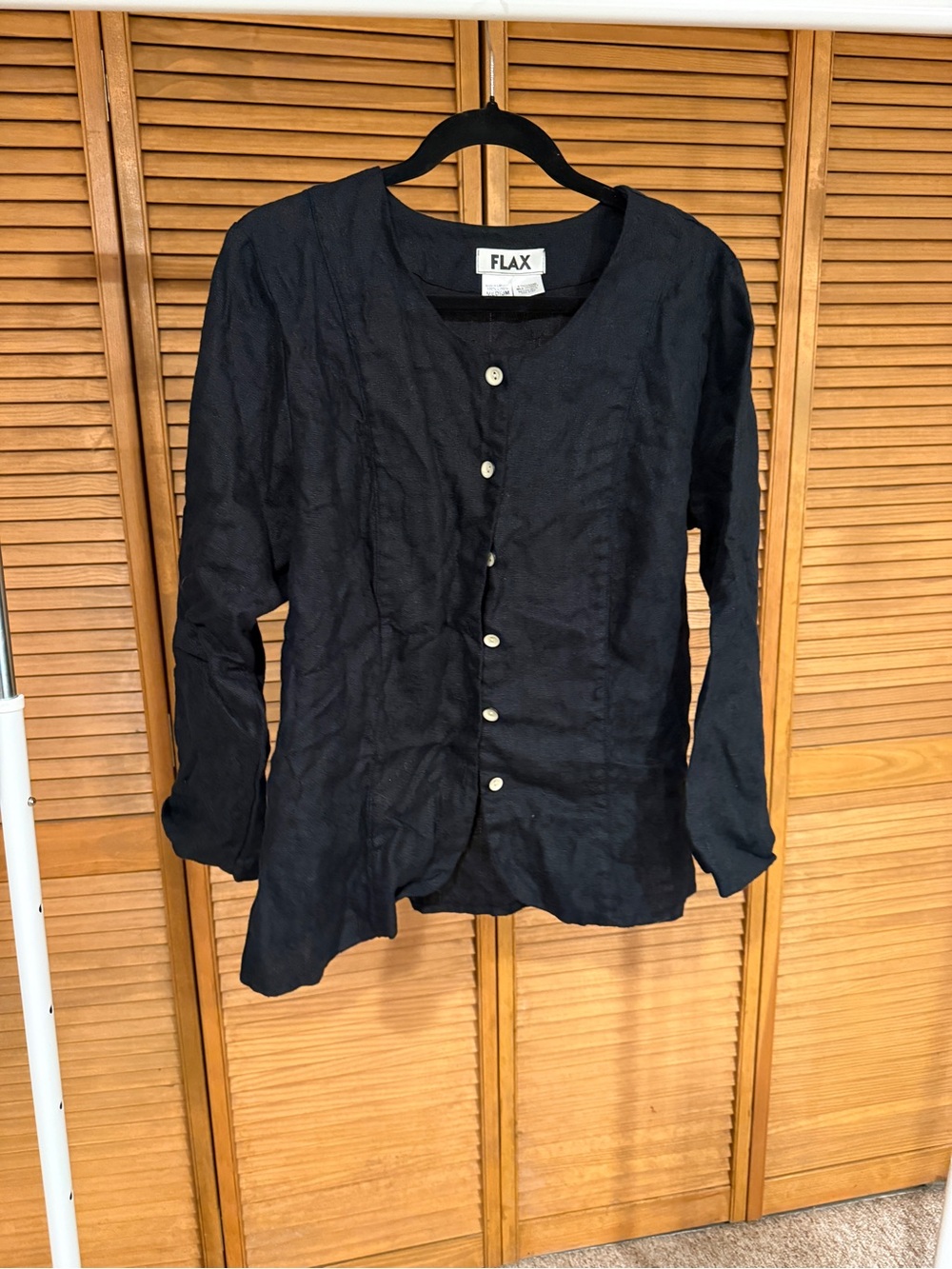 Flax Black 100% Linen Round-Neck Button Top